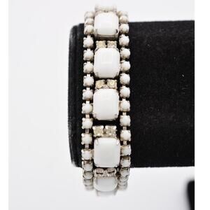 Vintage Cabochon Bracelet White Beaded Baguette Rhinestone Silver Crystal BinO